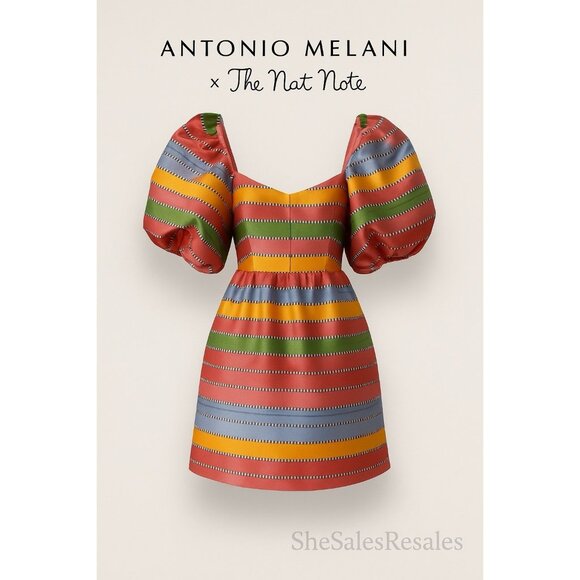 Antonio Melani x The Nat Note Nell Striped Jacquard Puff Sleeve Mini Dress Multi - Picture 1 of 10